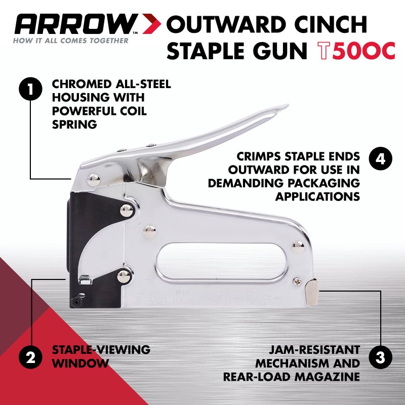 Arrow Fastener Arrow T50OC Heavy Duty Outward Clinch Staple Gun, Manual Stapler for Packaging and Boxes, Uses T50 Staples in 3/8-Inch, 1/2-Inch, and 9/16-Inch - Image 2